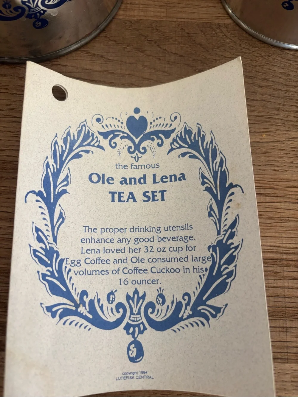 Vintage Ole's Cup & Lena's Cup Metal Mugs - Blue Cottage Tea Set
